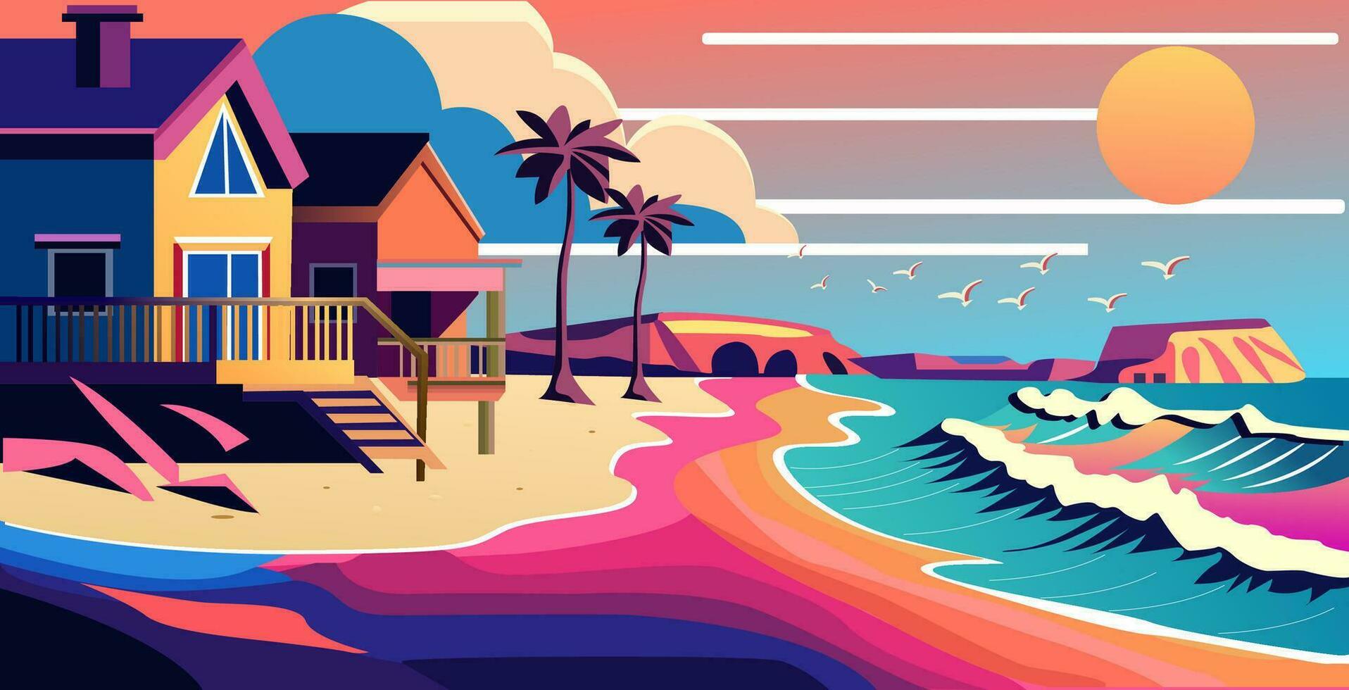 Beach landscape colorful flat illustration vector