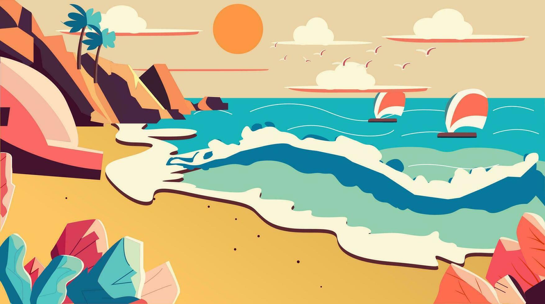 Beach landscape colorful flat illustration vector