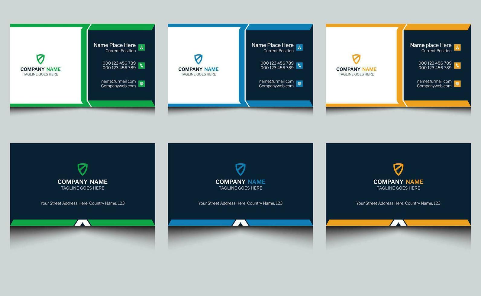 Elegant minimal real estate clean creative modern professional abstract name visiting business card template design with dark blue orange green colors. vector
