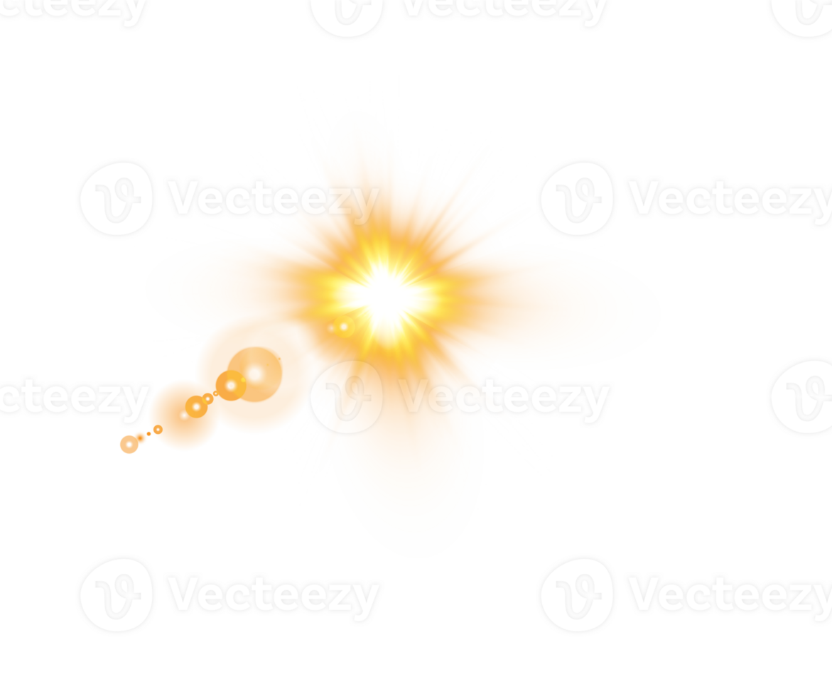 Yellow Sun rays with beams and glare isolated on transparent background. Lens flare light effect. png