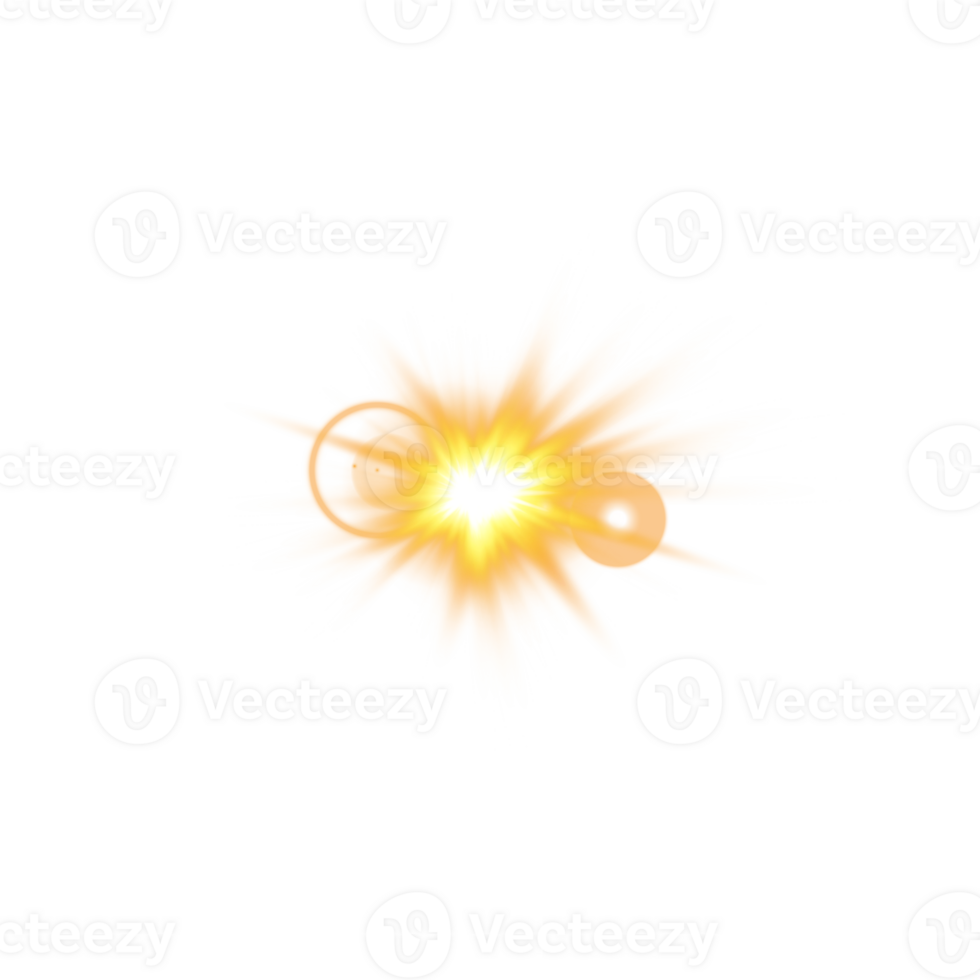 Yellow Sun rays with beams and glare isolated on transparent background. Lens flare light effect. png