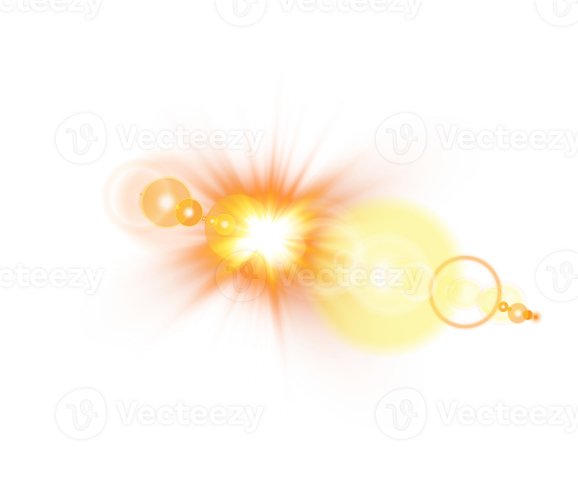 Yellow Sun rays with beams and glare isolated on transparent background. Lens flare light effect. png