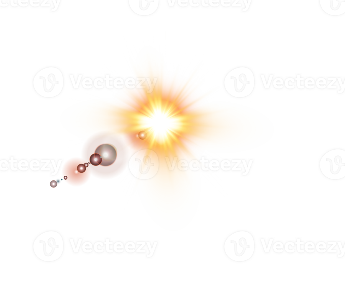 Gelb Sonne Strahlen mit Balken und Blendung isoliert auf transparent Hintergrund. Linse Fackel Licht Wirkung. png