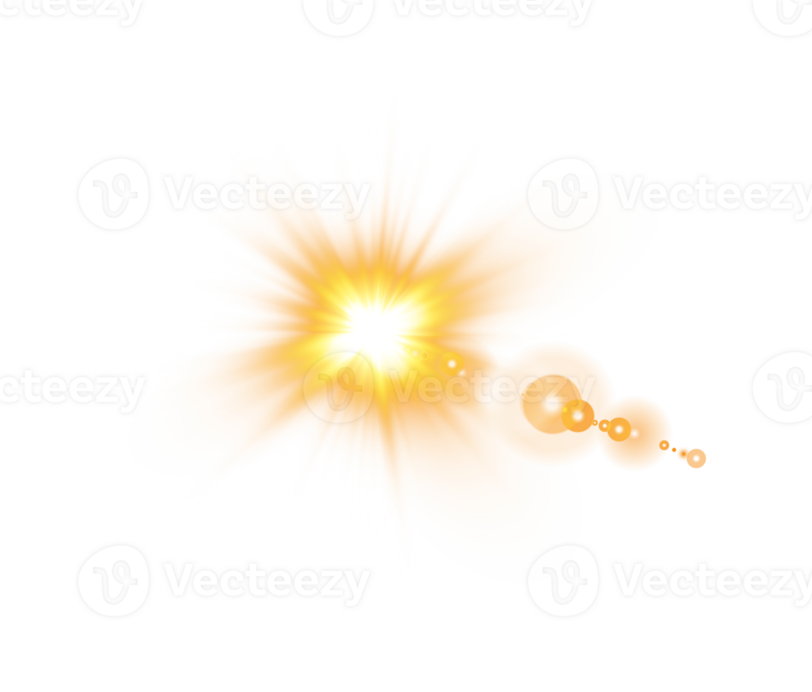 Yellow Sun rays with beams and glare isolated on transparent background. Lens flare light effect. png