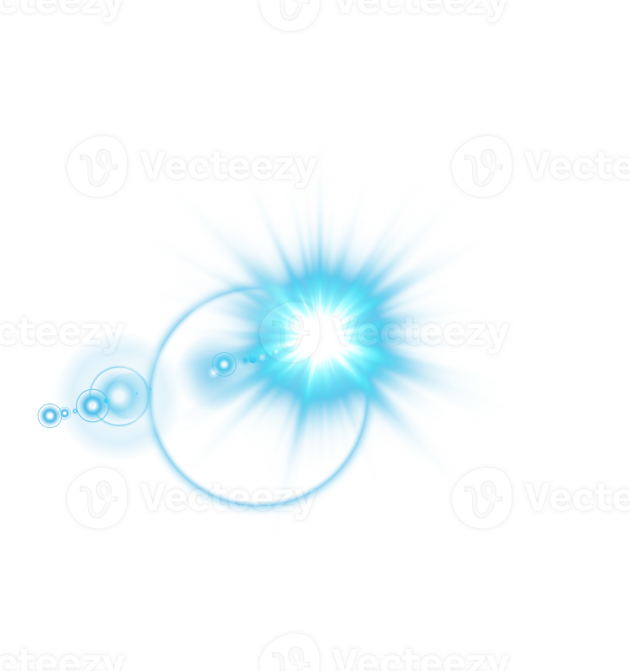 Blue Sun rays with beams and glare isolated on transparent background. Lens flare light effect. png