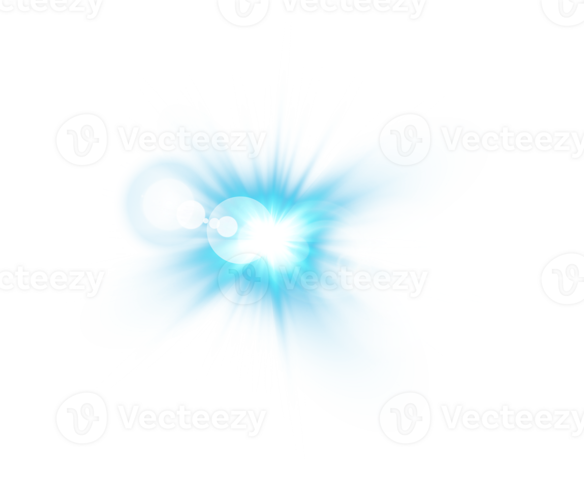 Blue Sun rays with beams and glare isolated on transparent background. Lens flare light effect. png