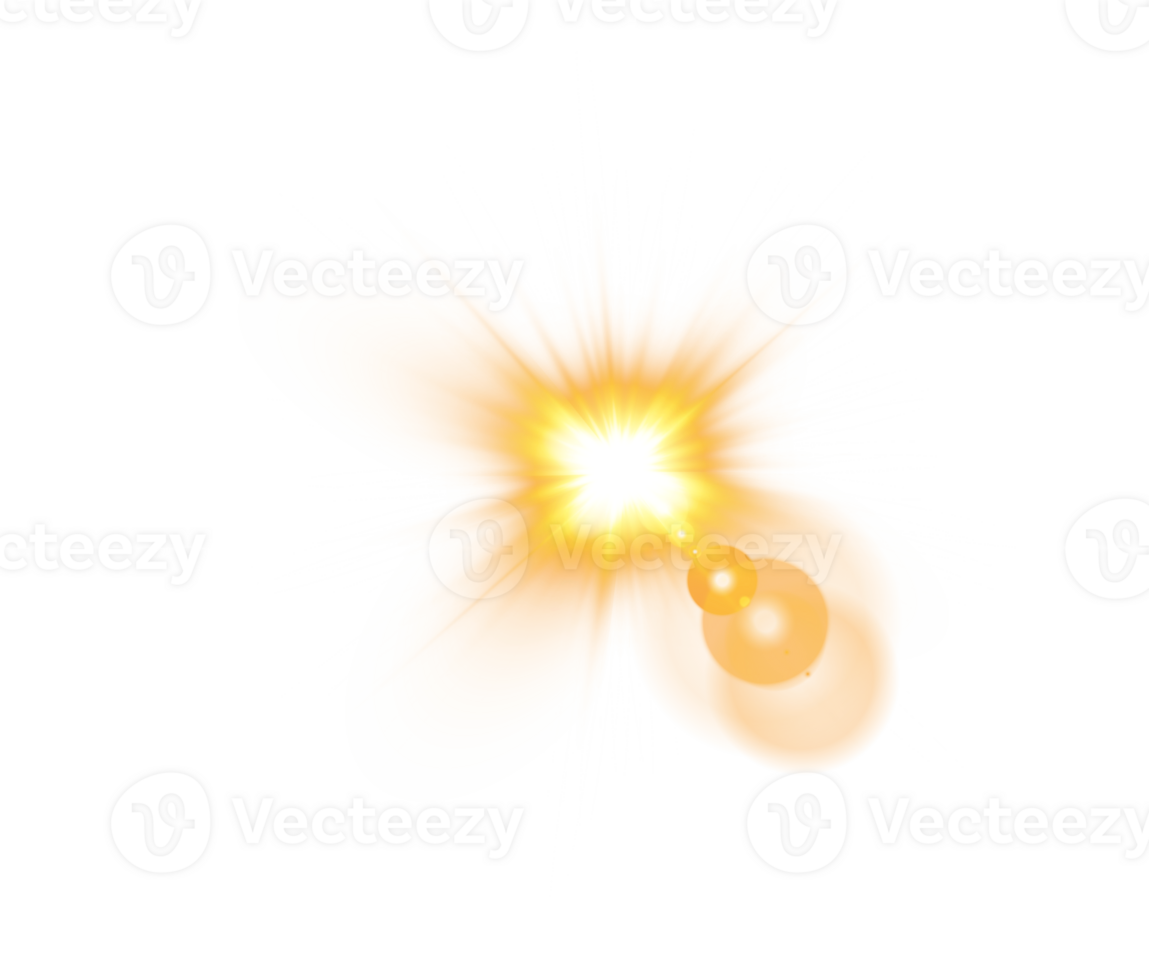 Yellow Sun rays with beams and glare isolated on transparent background. Lens flare light effect. png