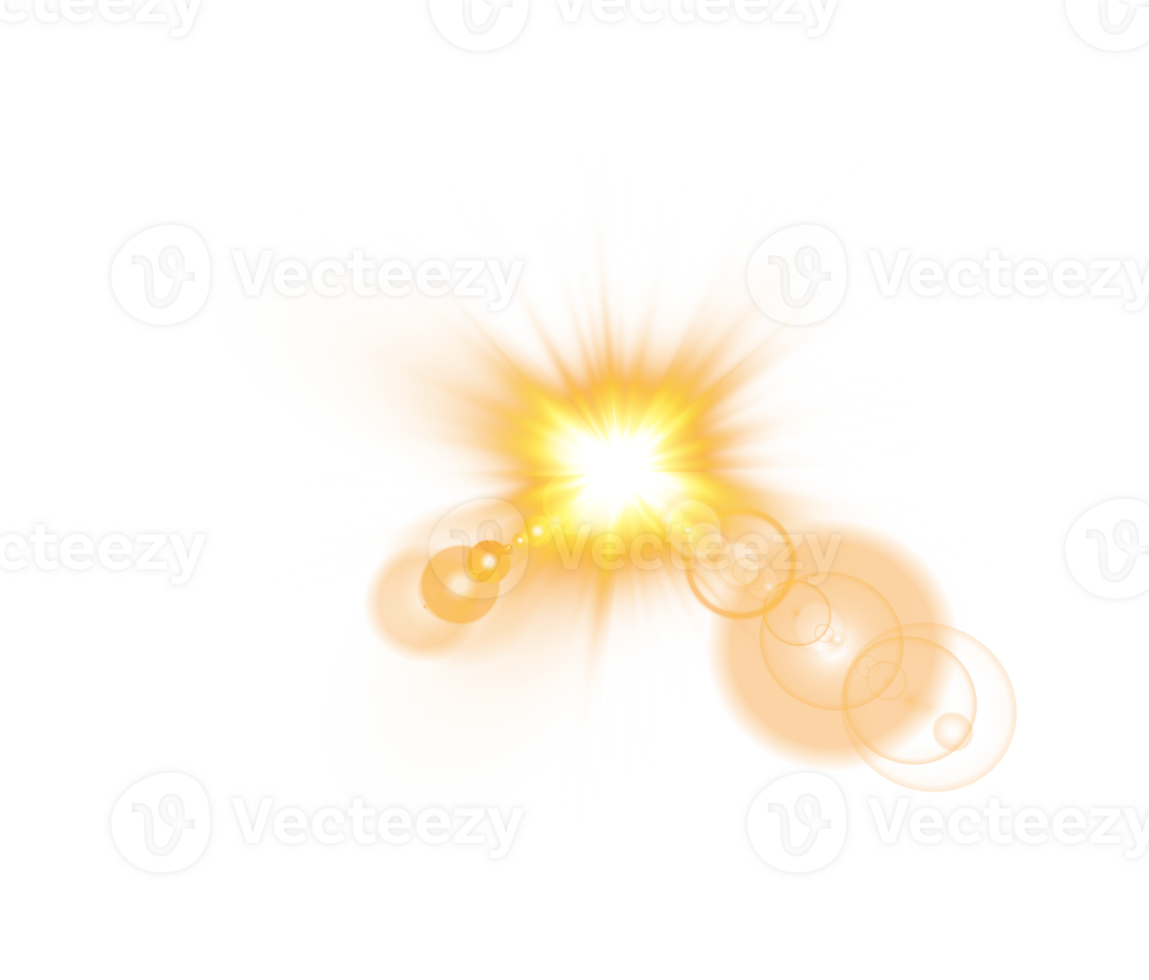 Yellow Sun rays with beams and glare isolated on transparent background. Lens flare light effect. png