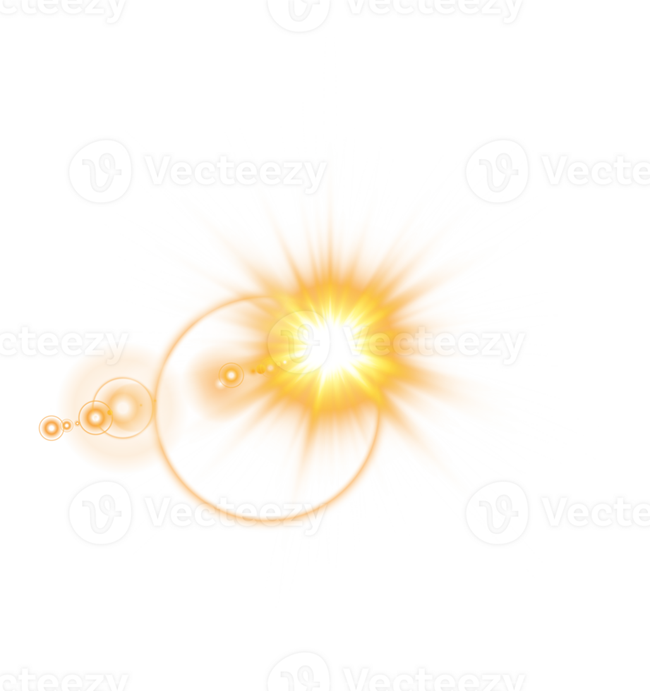 Yellow Sun rays with beams and glare isolated on transparent background. Lens flare light effect. png