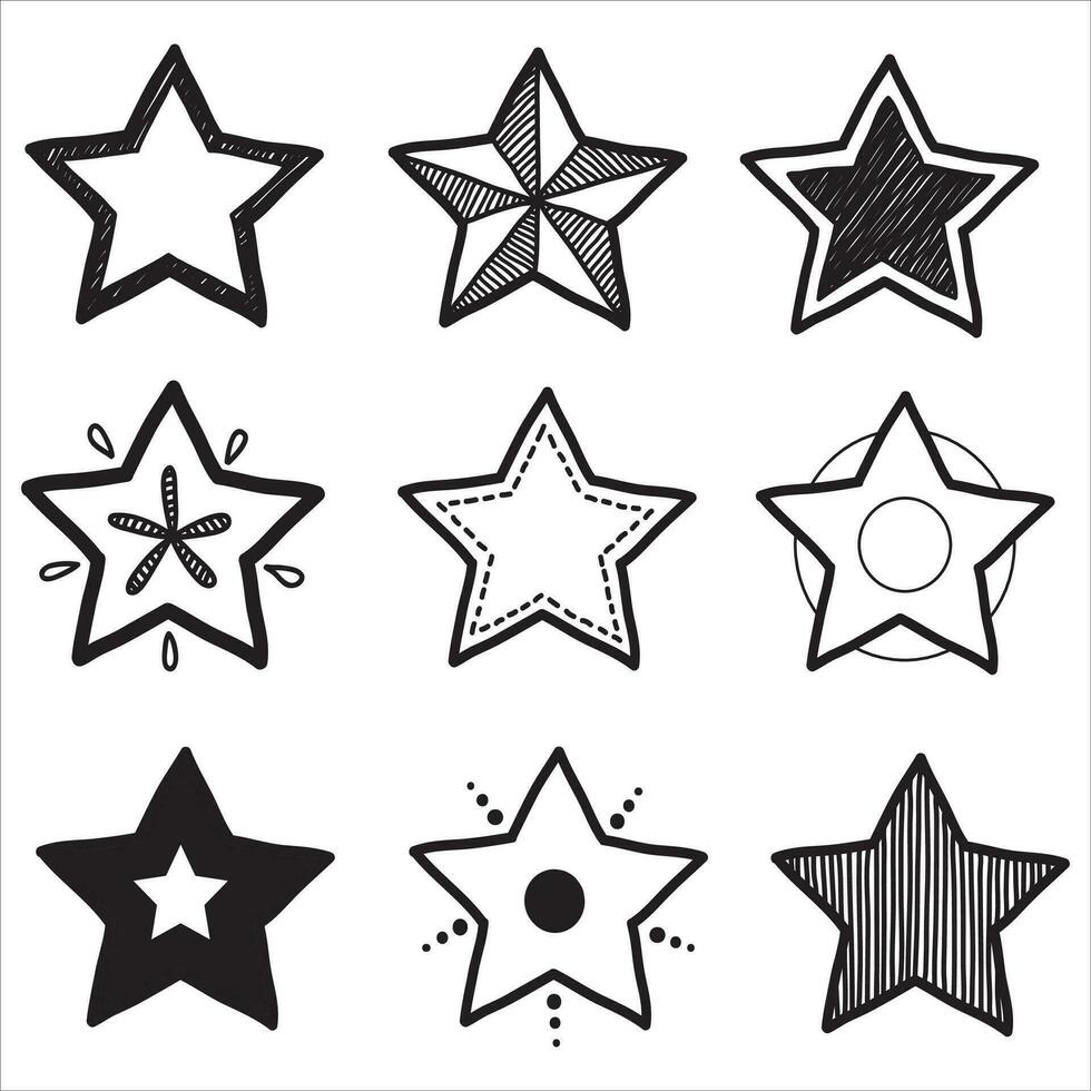 Set of black hand drawn doodle stars in isolated on white background. vector