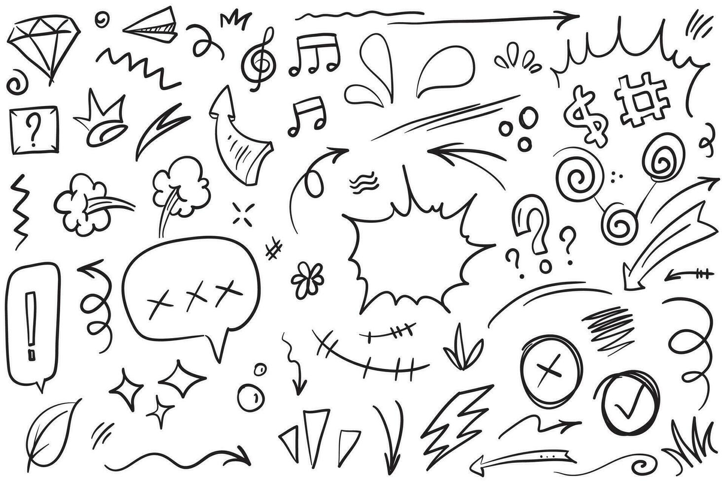 Conjunto de vectores de doodle de signo de expresión de dibujos animados dibujados a mano, flechas direccionales de curva, elementos de diseño de efectos de emoticonos, símbolos de emoción de personaje de dibujos animados, lindas líneas de trazo de pincel decorativo.