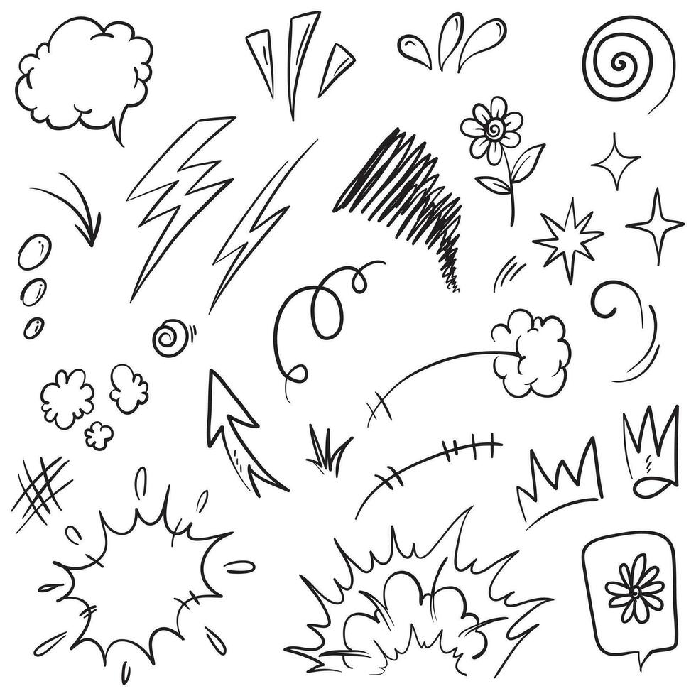 Vector set of hand-drawn cartoony expression sign doodle, curve directional arrows, emoticon effects design elements, cartoon character emotion symbols, cute decorative brush stroke lines.