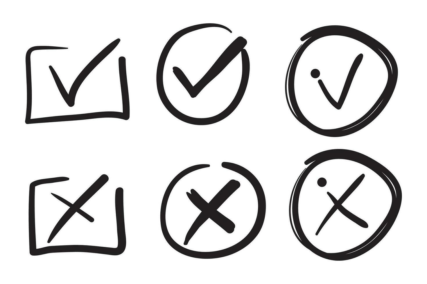 Check mark and cross. Hand drawn vector, isolated. Brush strokes vector