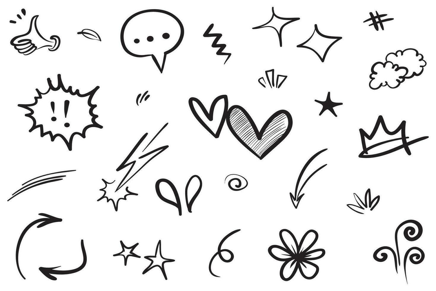 Conjunto de vectores de doodle de signo de expresión de dibujos animados dibujados a mano, flechas direccionales de curva, elementos de diseño de efectos de emoticonos, símbolos de emoción de personaje de dibujos animados, lindas líneas de trazo de pincel decorativo.