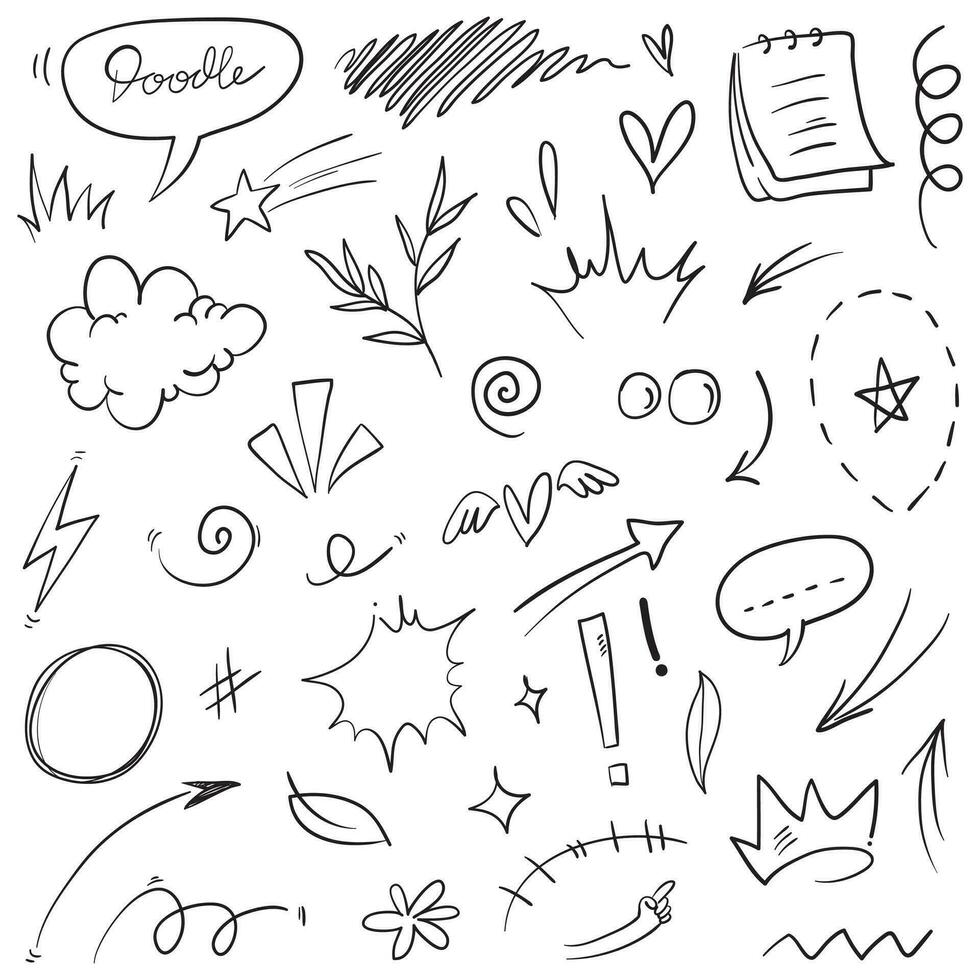 Conjunto de vectores de doodle de signo de expresión de dibujos animados dibujados a mano, flechas direccionales de curva, elementos de diseño de efectos de emoticonos, símbolos de emoción de personaje de dibujos animados, lindas líneas de trazo de pincel decorativo.