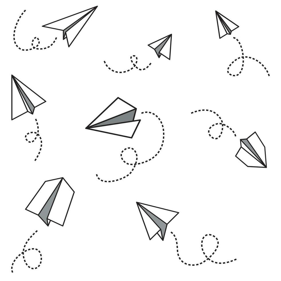 Vector paper airplane. Travel, route symbol. Hand drawn paper airplane vector illustration set. Isolated. Outline. Hand drawn doodle airplane. Black linear paper airplane icon.