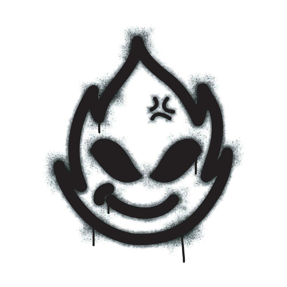 Graffiti angry face emoticon isolated with a white background. graffiti Fire emoji with over spray in black over white. Vector illustration.