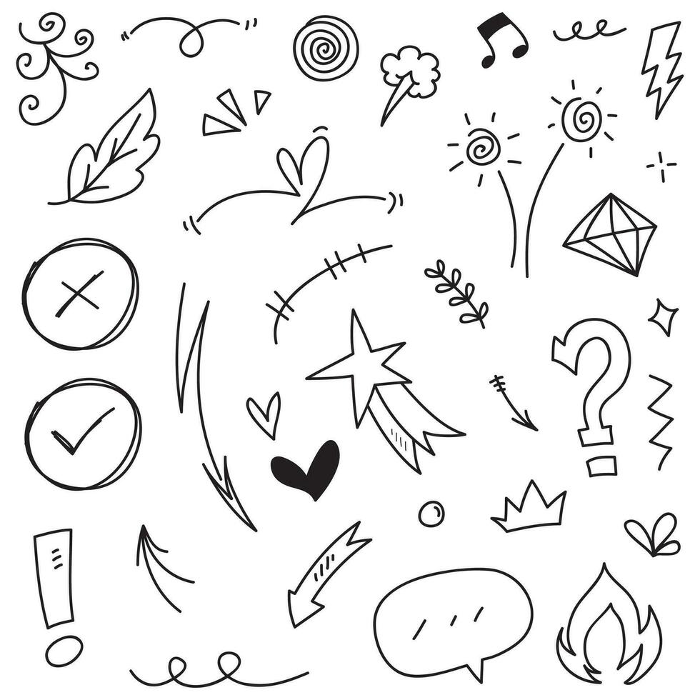 Hand drawn set elements, Abstract arrows, ribbons, hearts, stars, crowns and other elements in a hand drawn style for concept designs. Scribble illustration. Vector illustration.