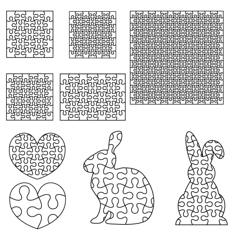 Set of black and white puzzle pieces isolated on white background. Vector illustration.