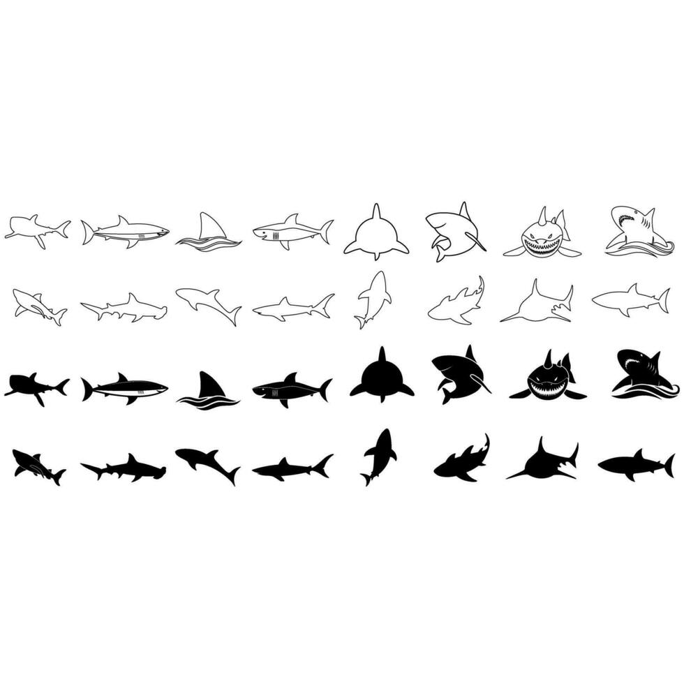 tiburón icono vector colocar. mar vida ilustrador firmar recopilación. pescado símbolo o logo.