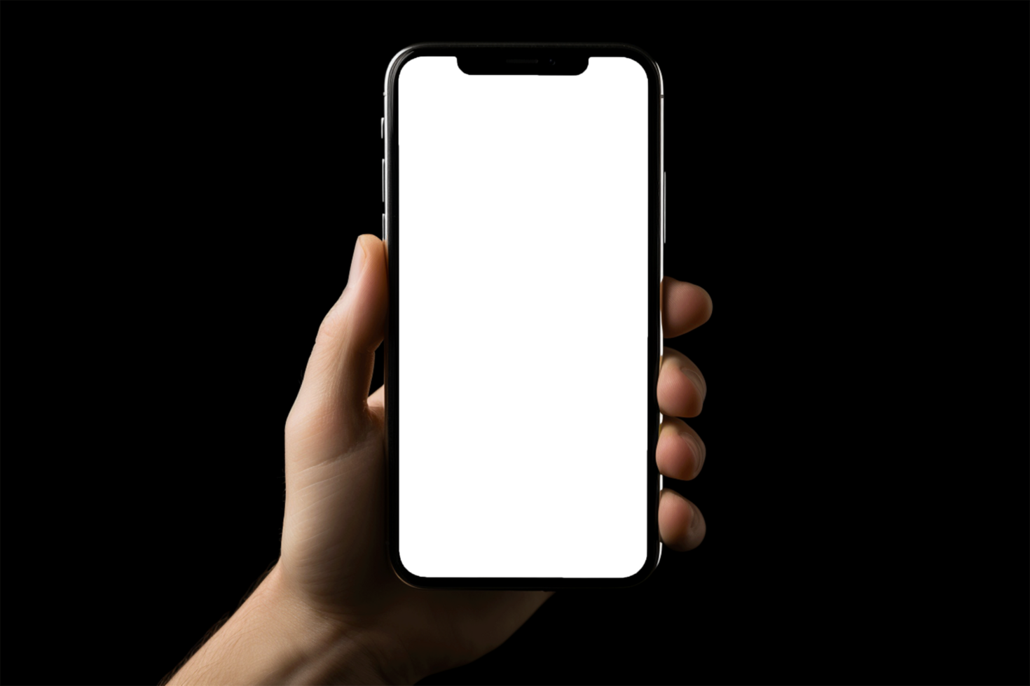 male hand holding a smartphone with a white screen on a black background AI generated png