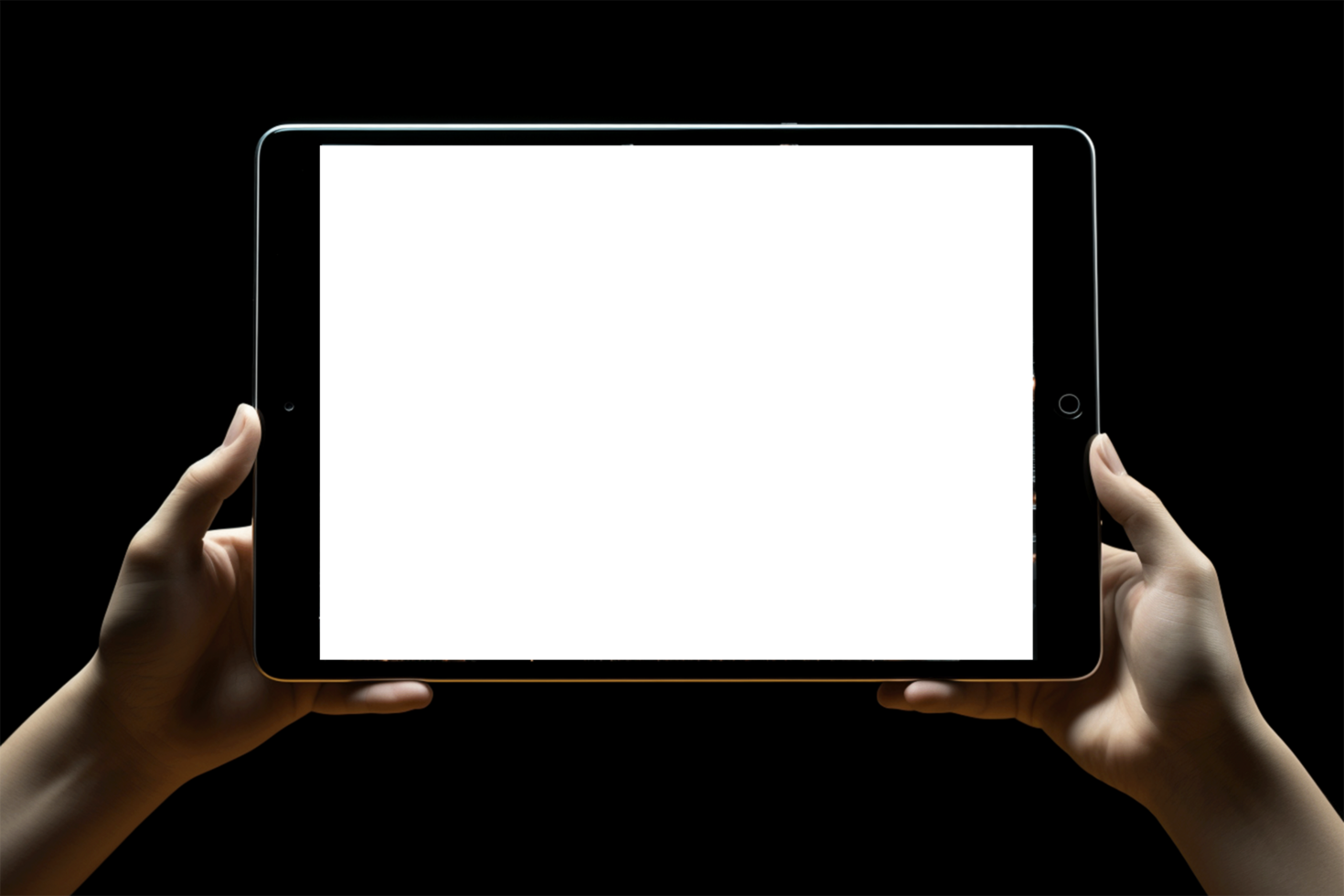 Hands holding a tablet pc with white screen isolated on black background AI generated png