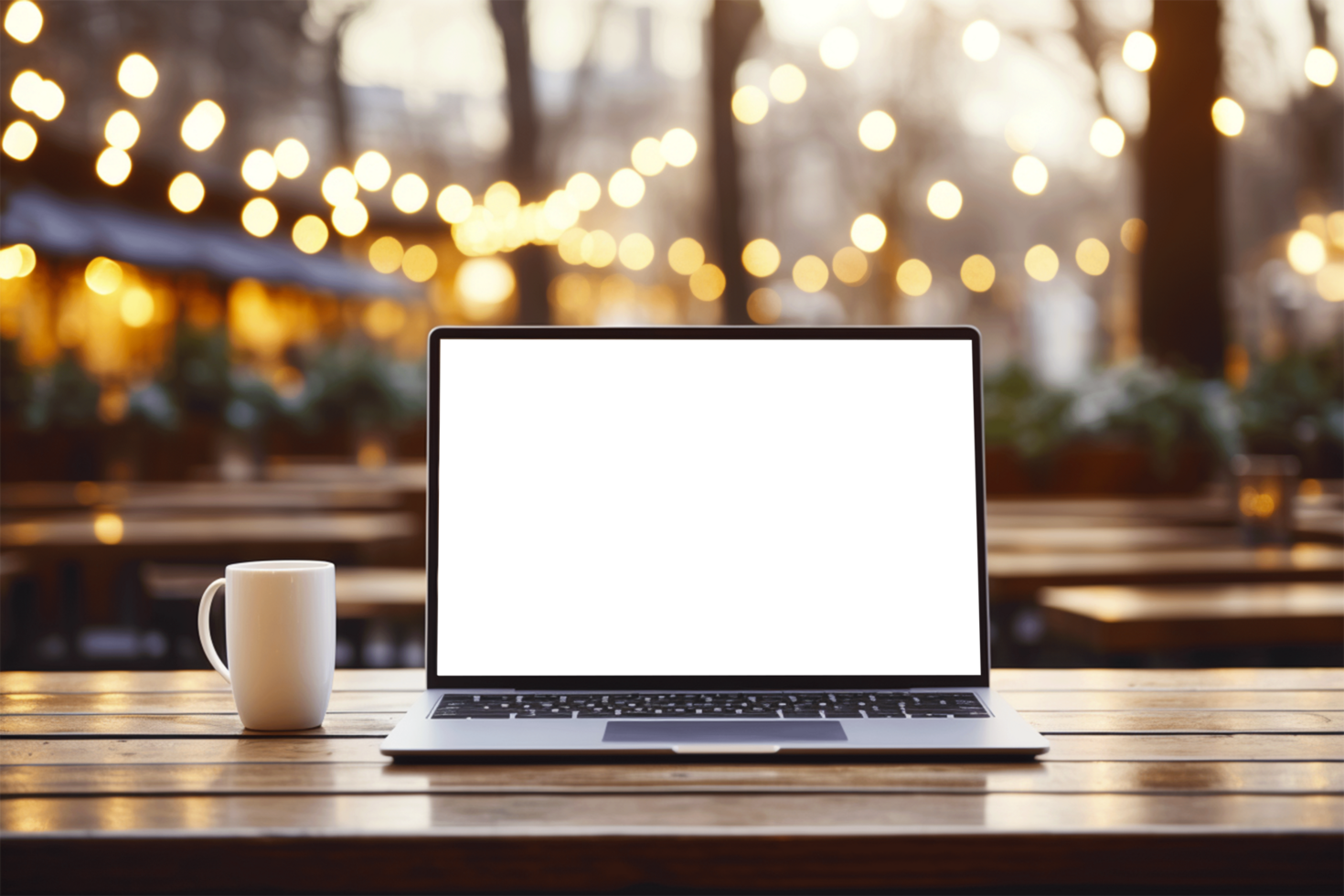Laptop with blank screen on Wood table, screen isolate on transparent png
