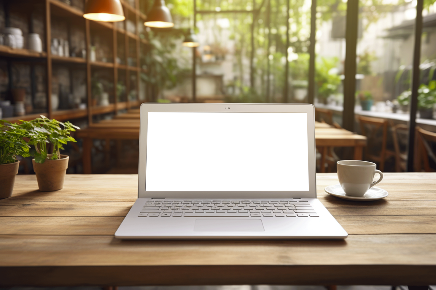 Laptop with blank screen on Wood table, screen isolate on transparent png