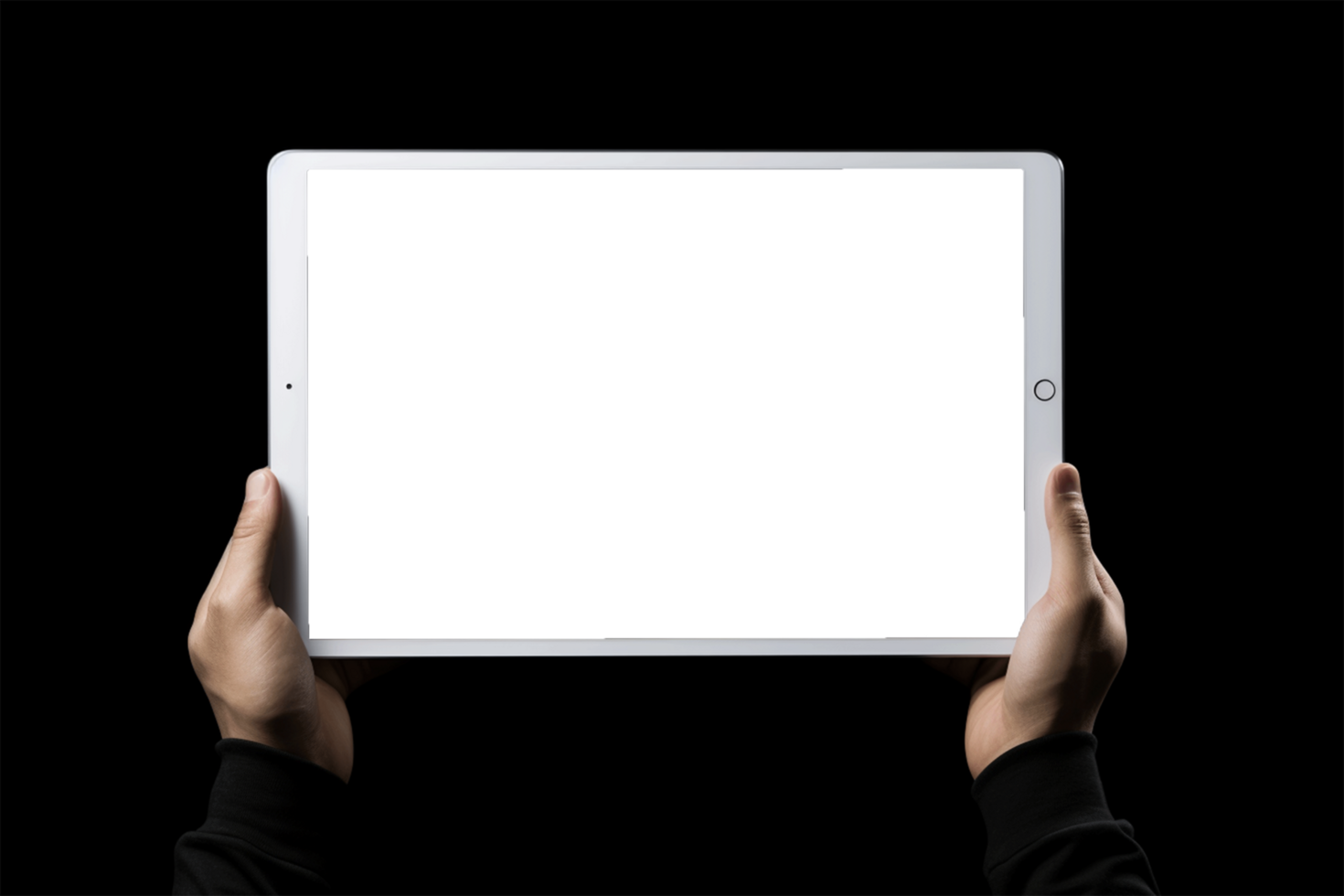 Hands holding a tablet pc with white screen isolated on black background AI generated png