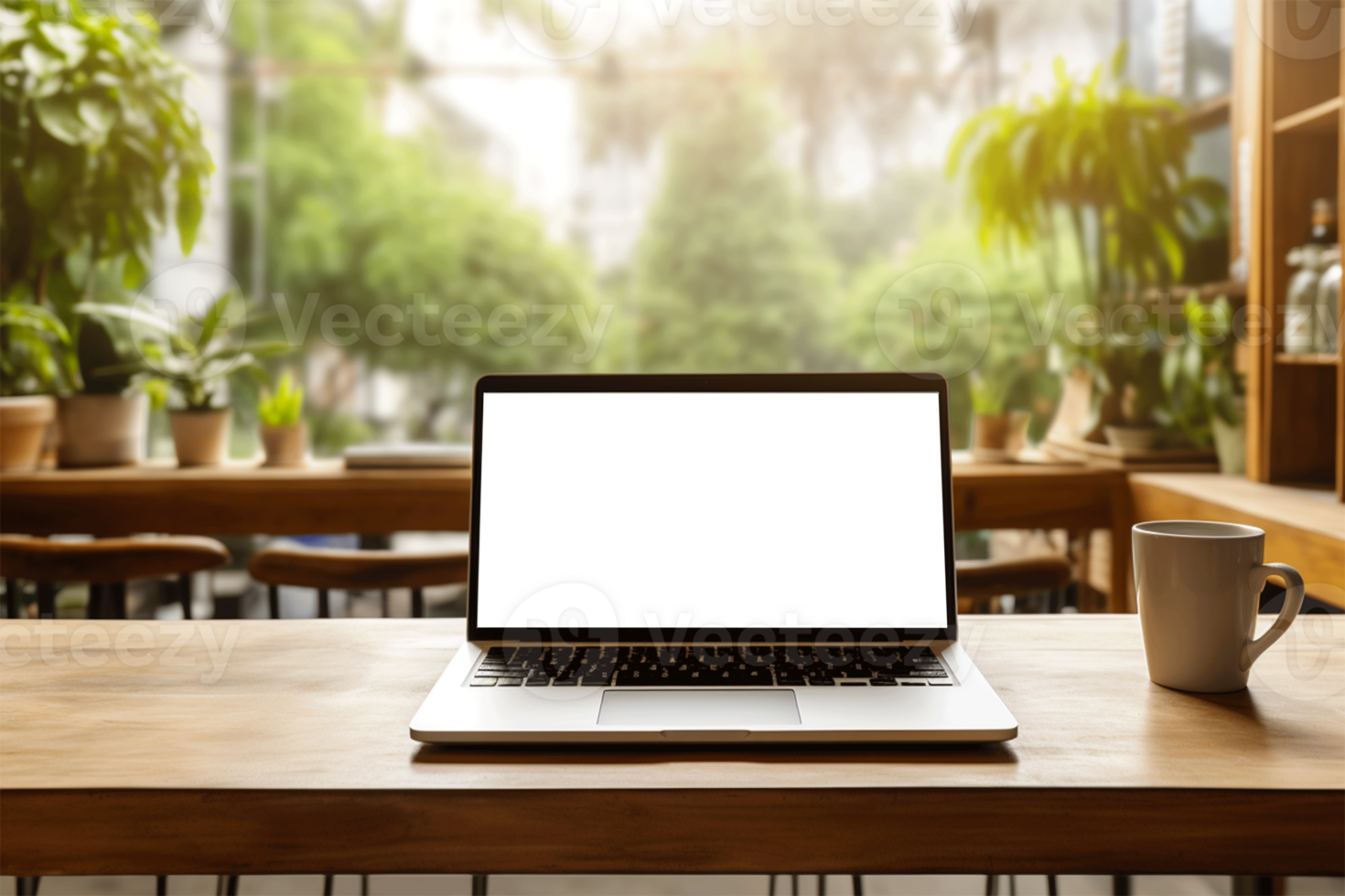 Laptop with blank screen on Wood table, screen isolate on transparent png