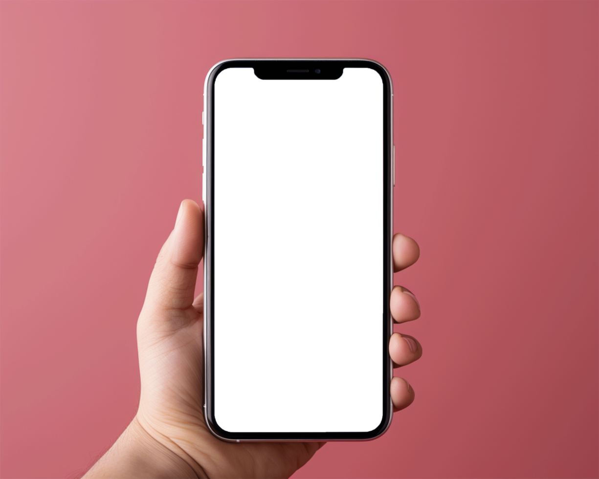 male hand holding phone with isolated screen on pink background, clipping path AI generated png