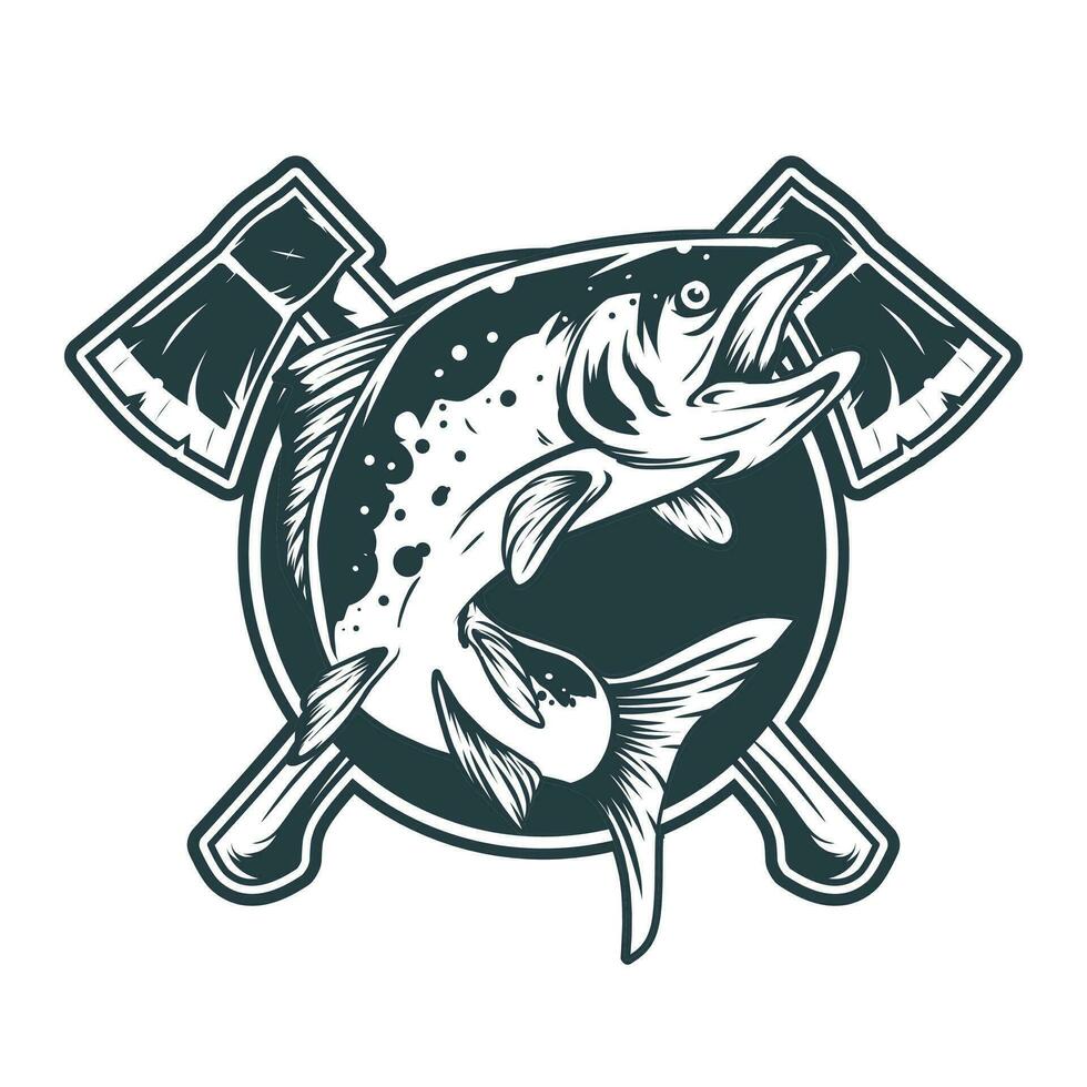 wildlife badge with salmon and axe drawing vector