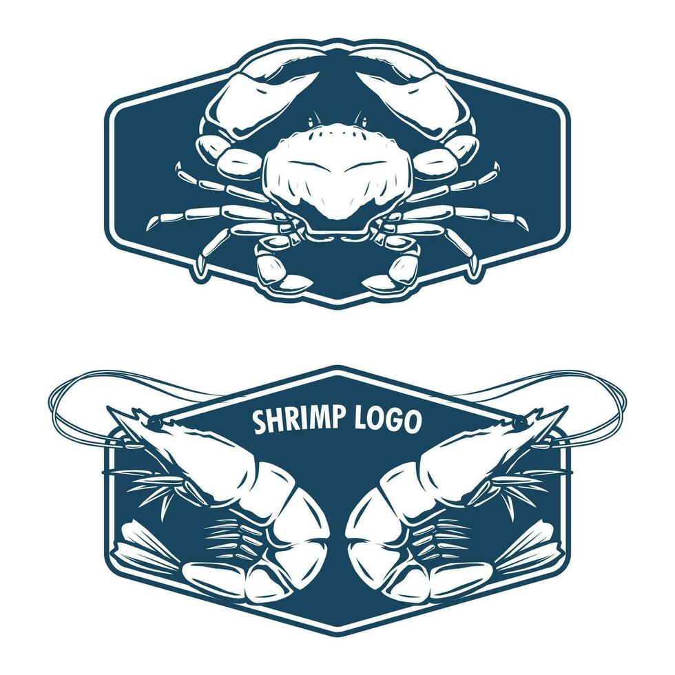 Mariscos Insignia diseño con camarón y cangrejo dibujo vector