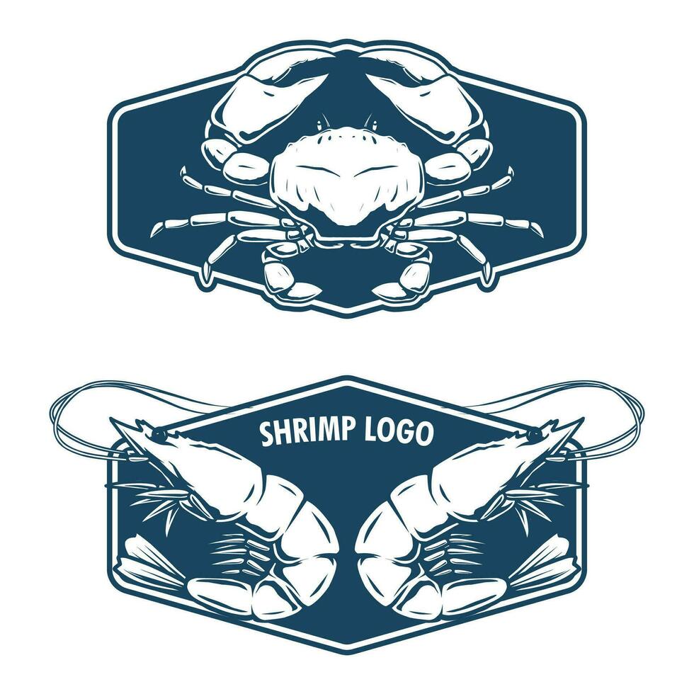 seafood badge design with shrimp and crab drawing vector