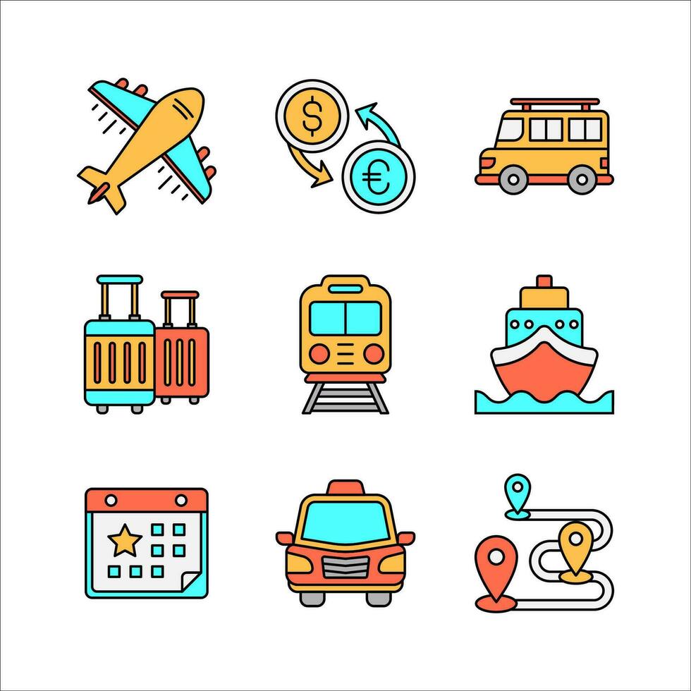 Tourism and Travel Icons Set in Colored Line Style vector
