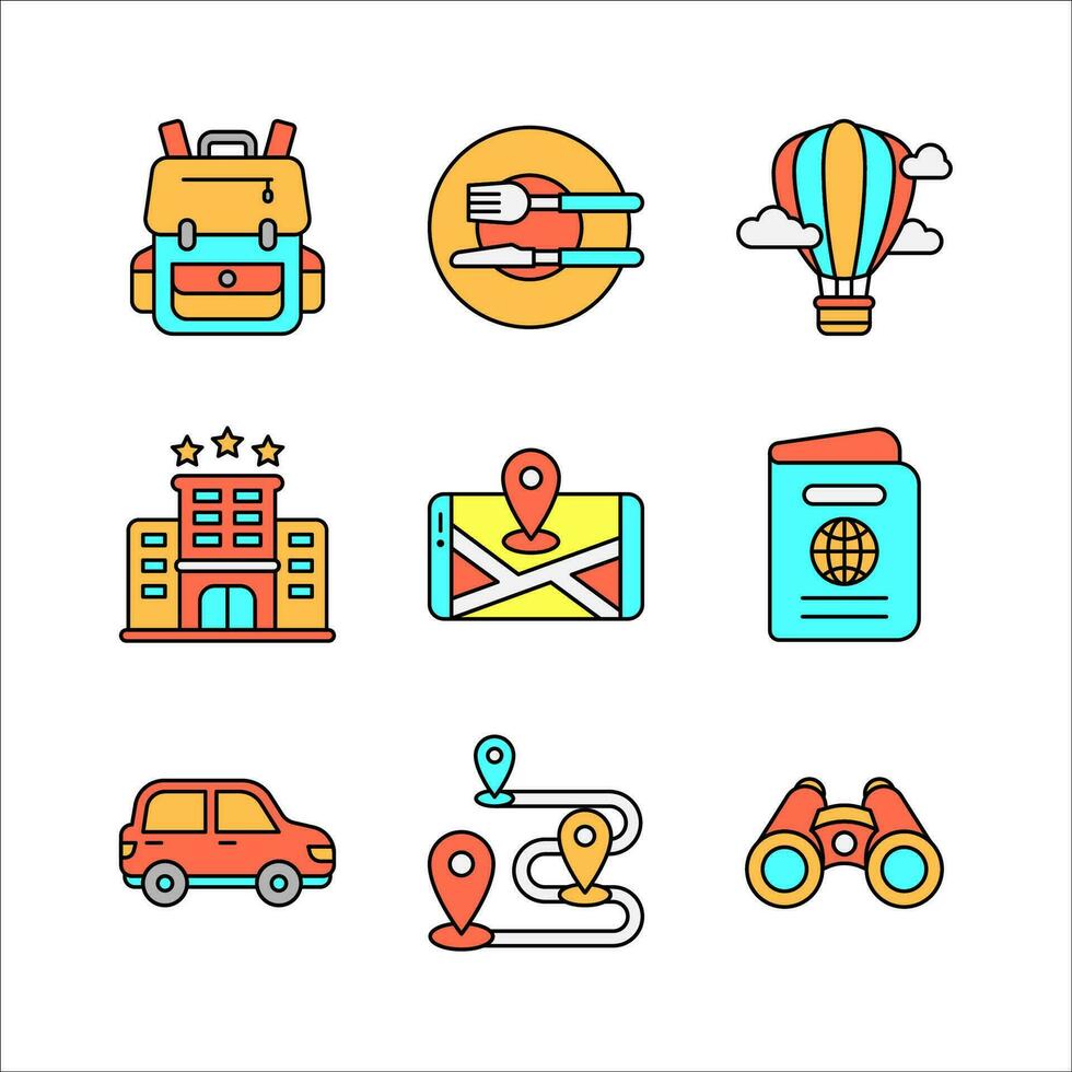 Tourism and Travel Icons Set in Colored Line Style vector