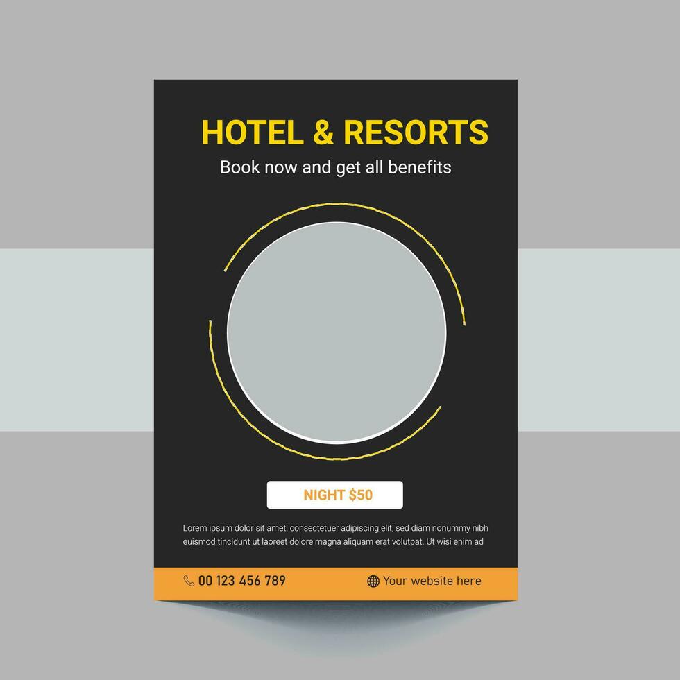 mejor diseño de plantilla de volante de servicio de hotel. diseño de folleto de cartel de volante de hotel dorado. portada, póster, tamaño a4, folleto, volante, listo para imprimir vector