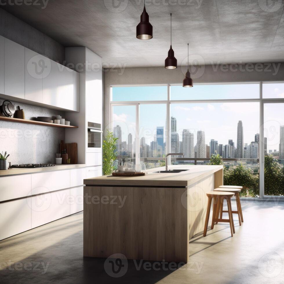 stock photo of a modern simplistic kitchen of a rooftop apartment photography