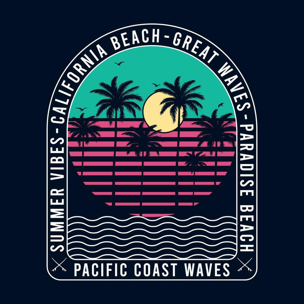 California West Coast , Surfing Paradise, Summer Vibes Only, California Beach. Summer text with a waves vector illustrations. Beach Wave Vector illustration.