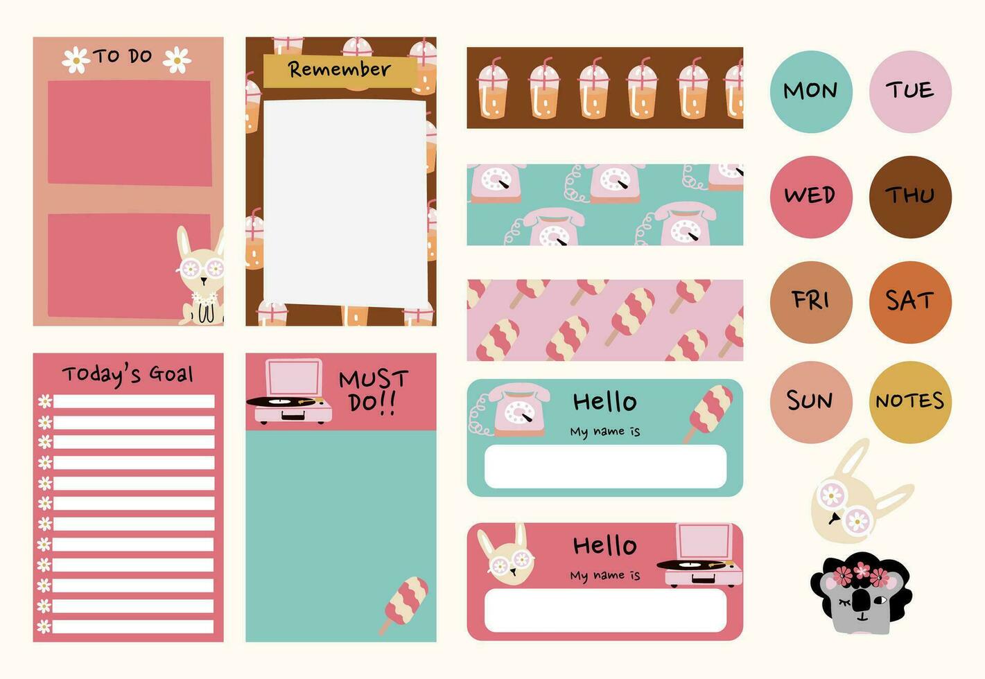 retro 70s style bullet journal and scrapbook pages vector