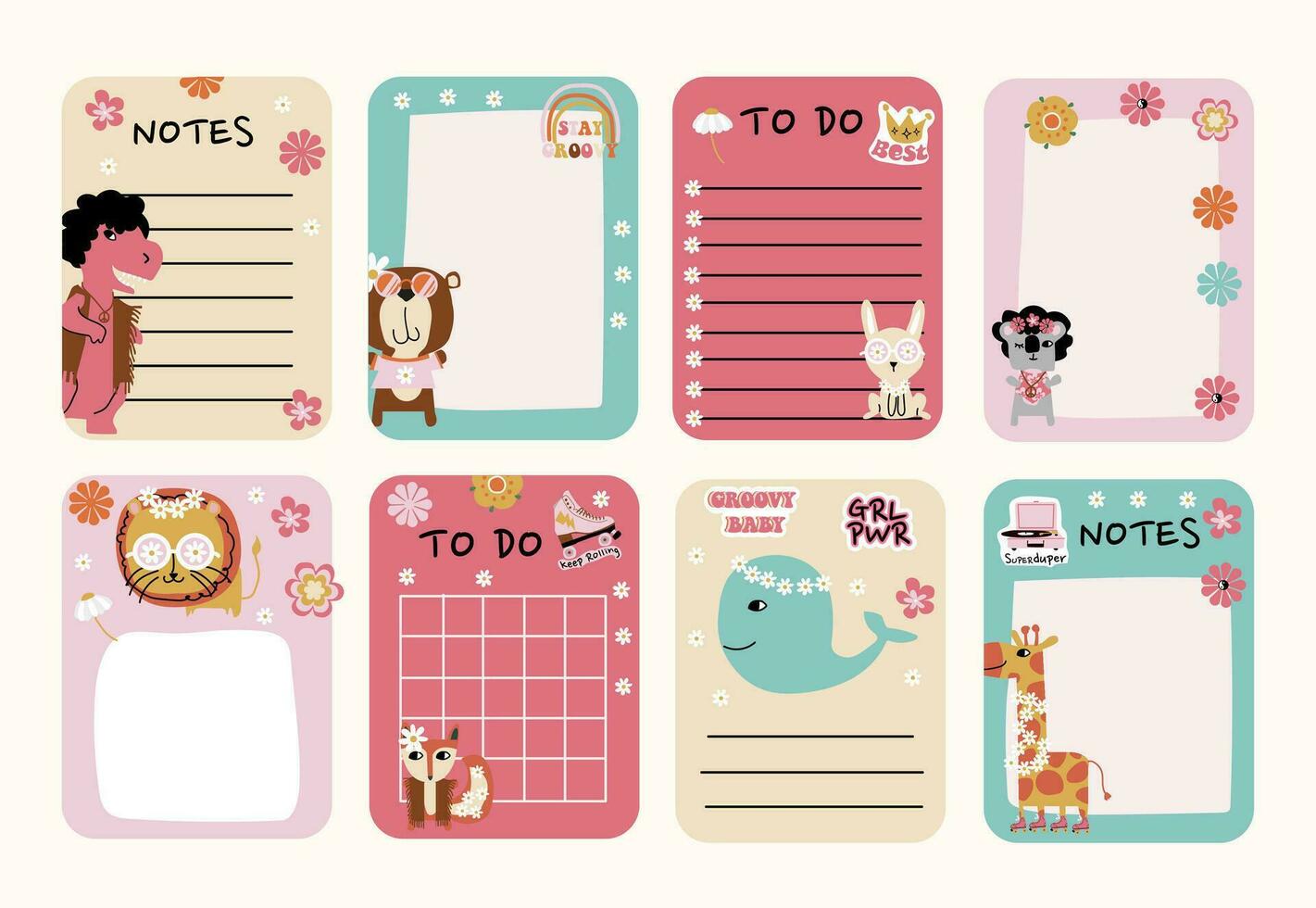 retro 70s-style animals bullet journal and scrapbook pages. vector