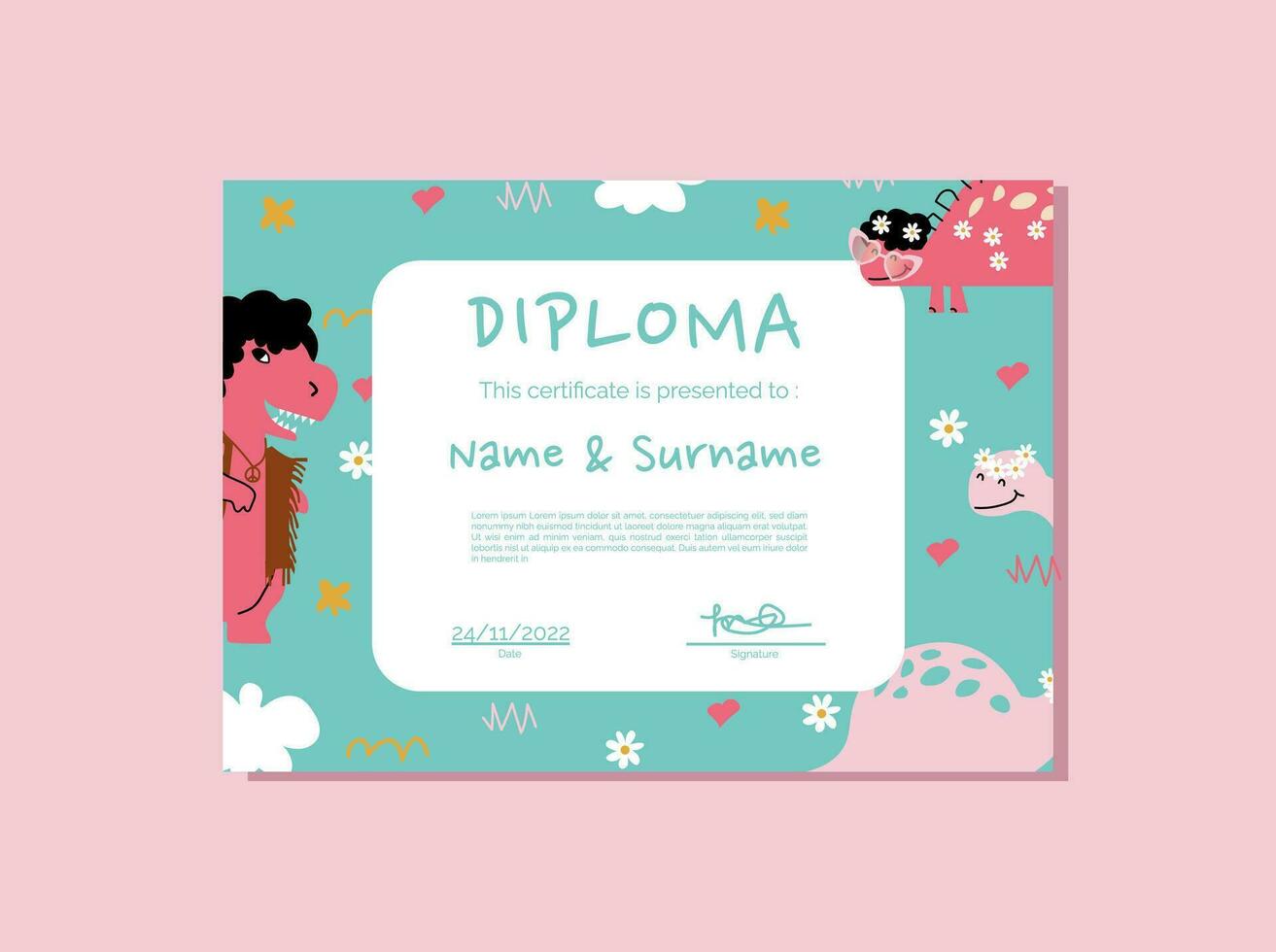 Cute 70s-style dinos school and preschool diploma for kids in kindergarten or primary grades. vector