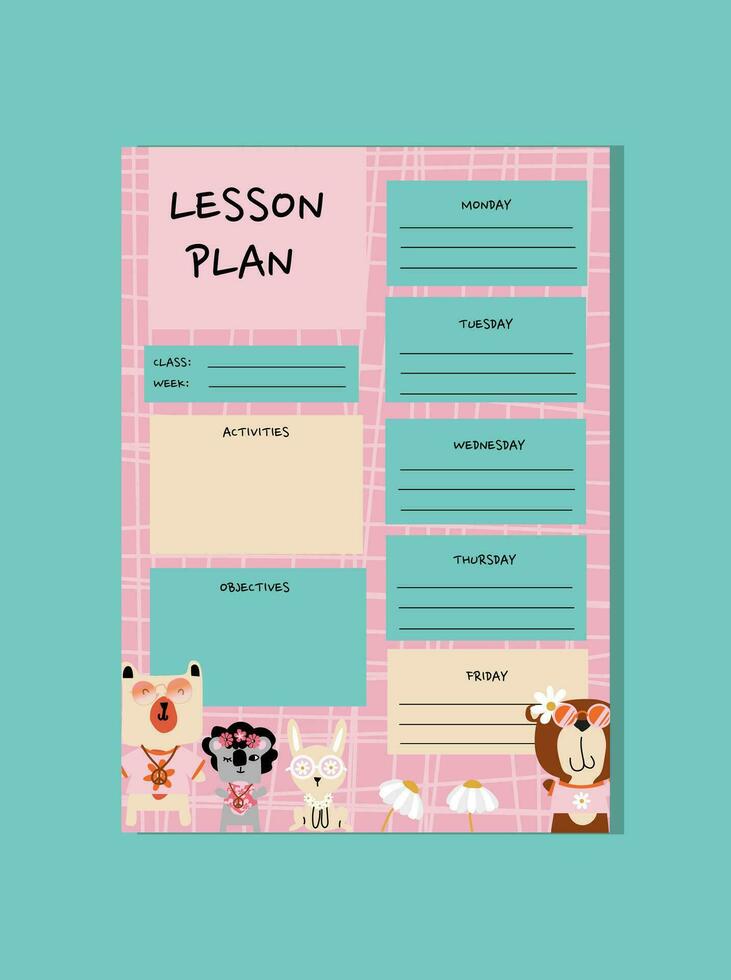 retro 1970s-style animals lesson plan. lesson plan for elementary and high school teachers. vector
