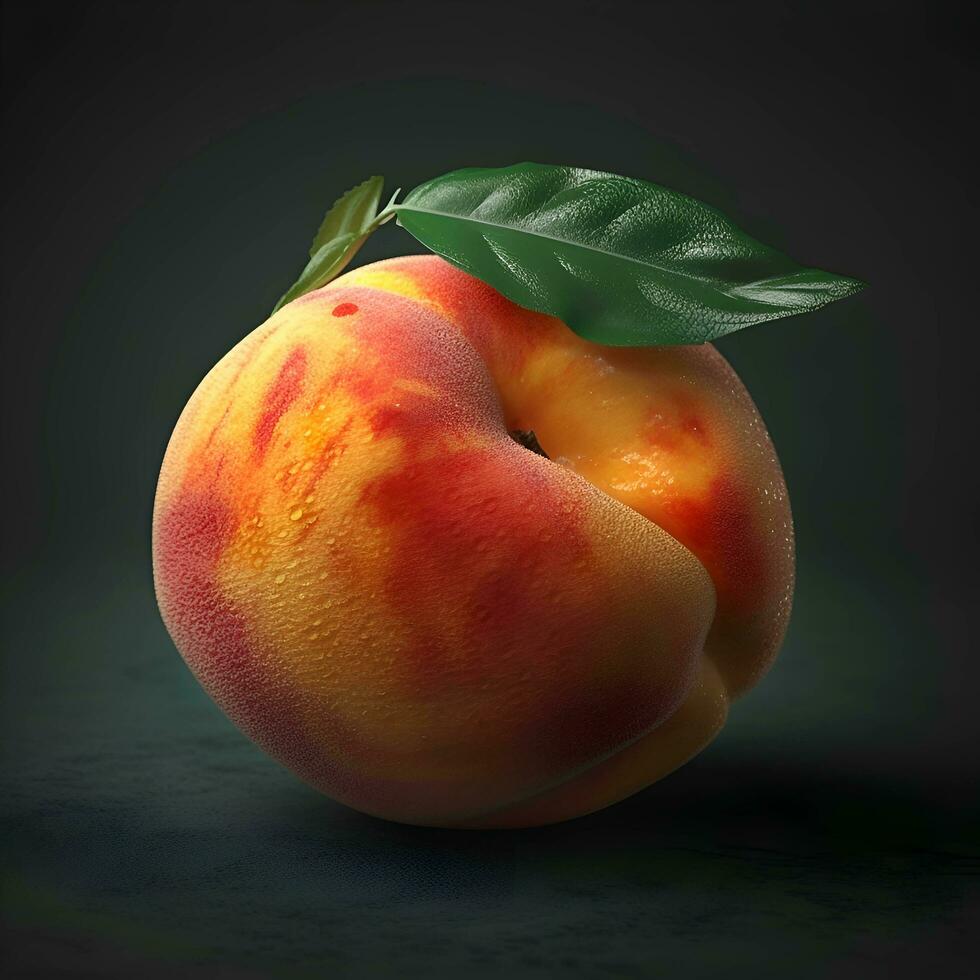 Peach with leaves on a dark background. 3d illustration. photo