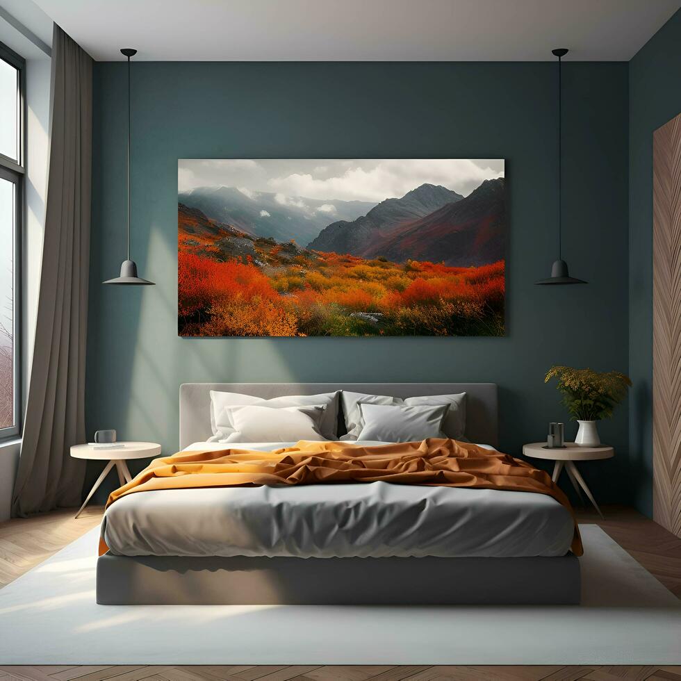 interior de moderno dormitorio con gris paredes- hormigón piso- cómodo Rey  Talla cama con naranja lino y marrón cabecera mesa con dos cabecera mesas.  3d representación 25367193 Foto de stock en Vecteezy