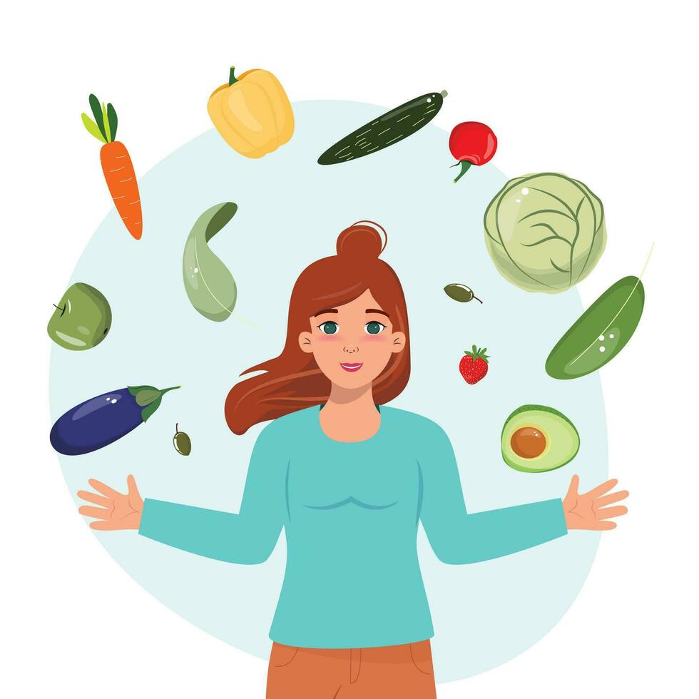 Happy young woman surrounded by delicious and healthy raw vegetables and fruits. Vegetables, vegetarian, nutrition, health concept. vector