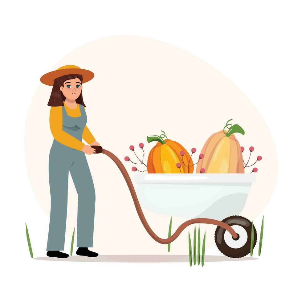 Isolated illustration with a woman pushing a garden cart filled with pumpkins. vector