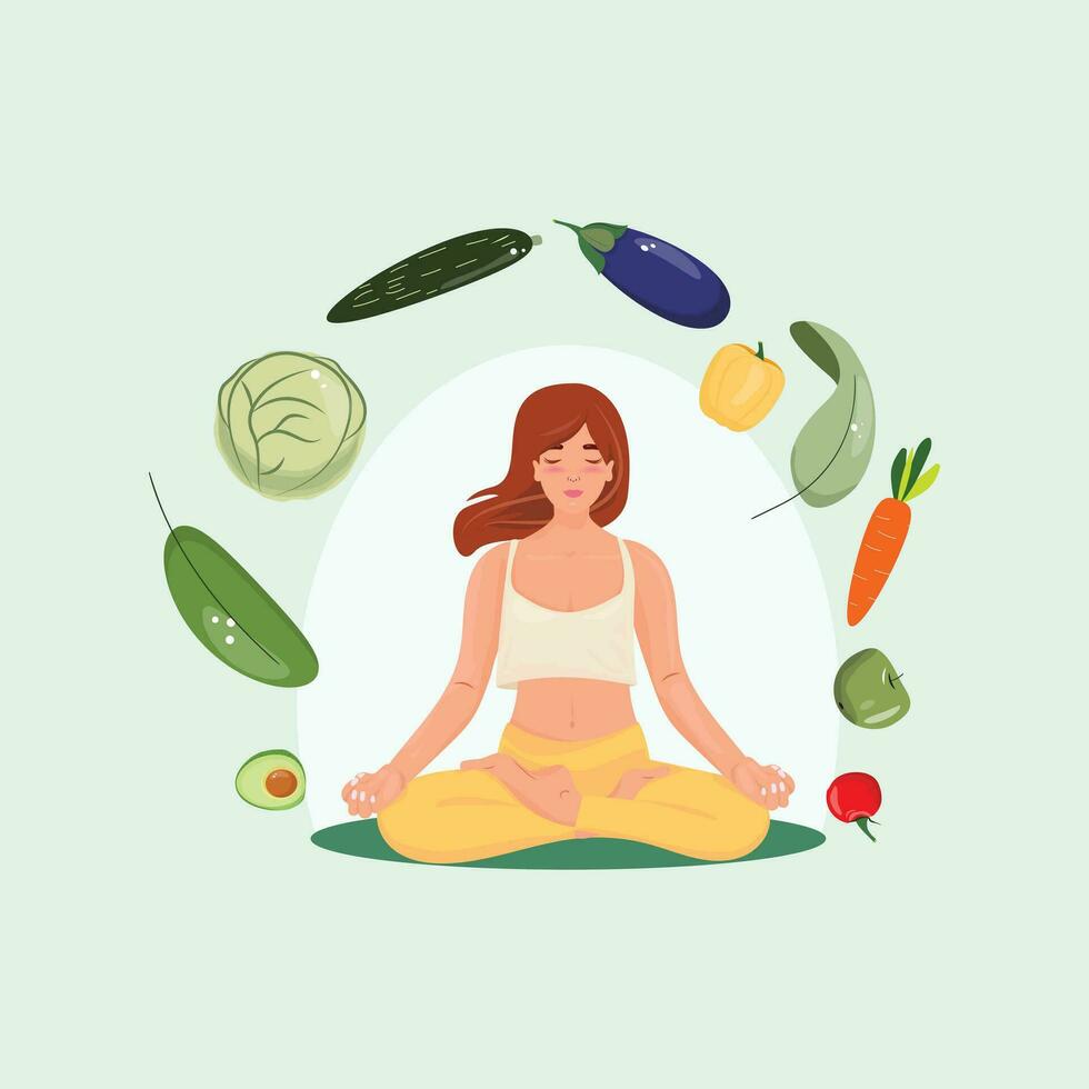 Flat cartoon illustration of a woman doing yoga and vegetables around on green background. vector