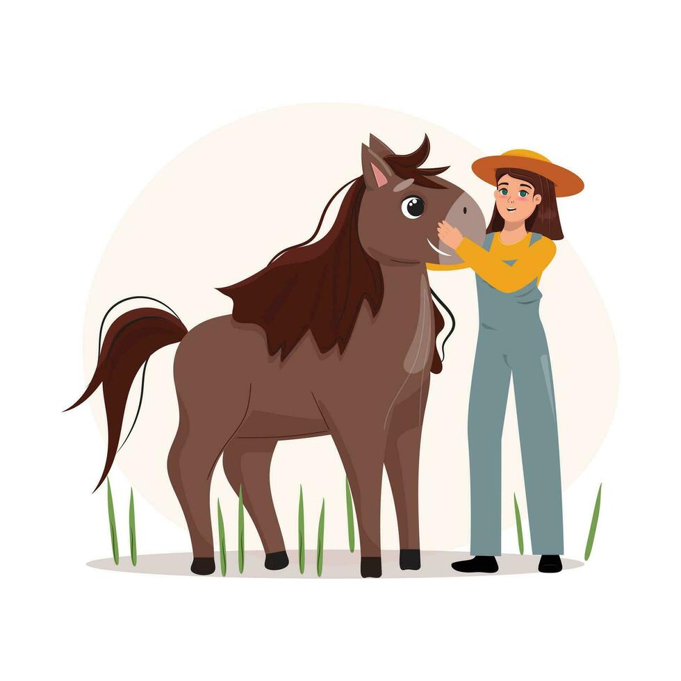 plano dibujos animados ilustración de un hembra granjero acariciando un caballo. agricultor, ganado, mascota cuidado concepto. vector