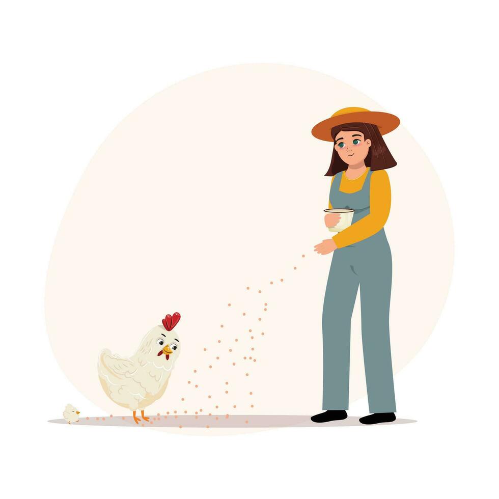 contento joven mujer alimentación un gallina y el bebé polluelo. vector